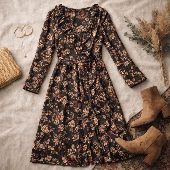 Nasty Gal Collection Faux Wrap Midi Dress Bird Floral Boho US 8 - Picture 7 of 12